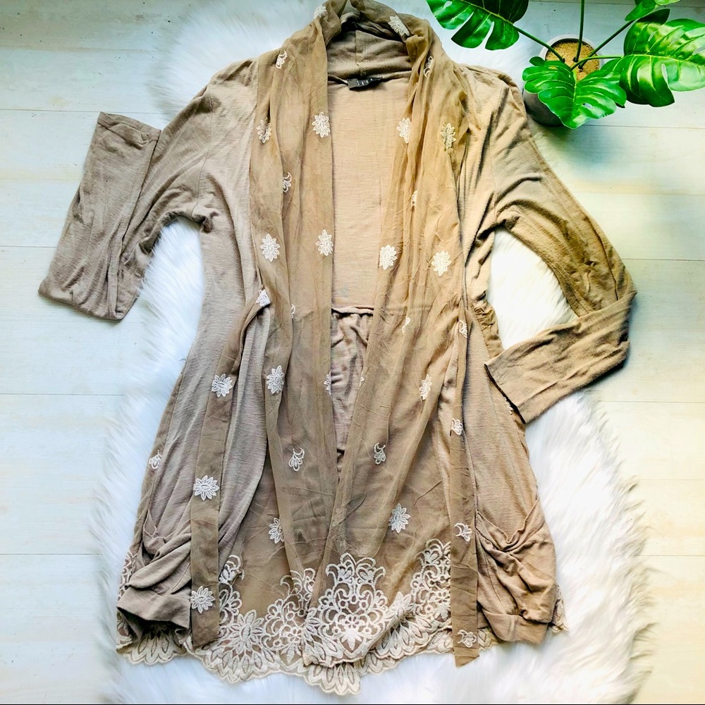 Saga Viscose Spandex Blend Open Front Hippie Boho Lace Cardigan with Pockets, M